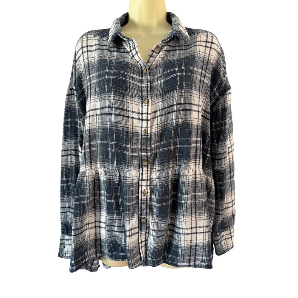 American Eagle Blue Plaid Flannel Tunic Blouse Women’s Size Small